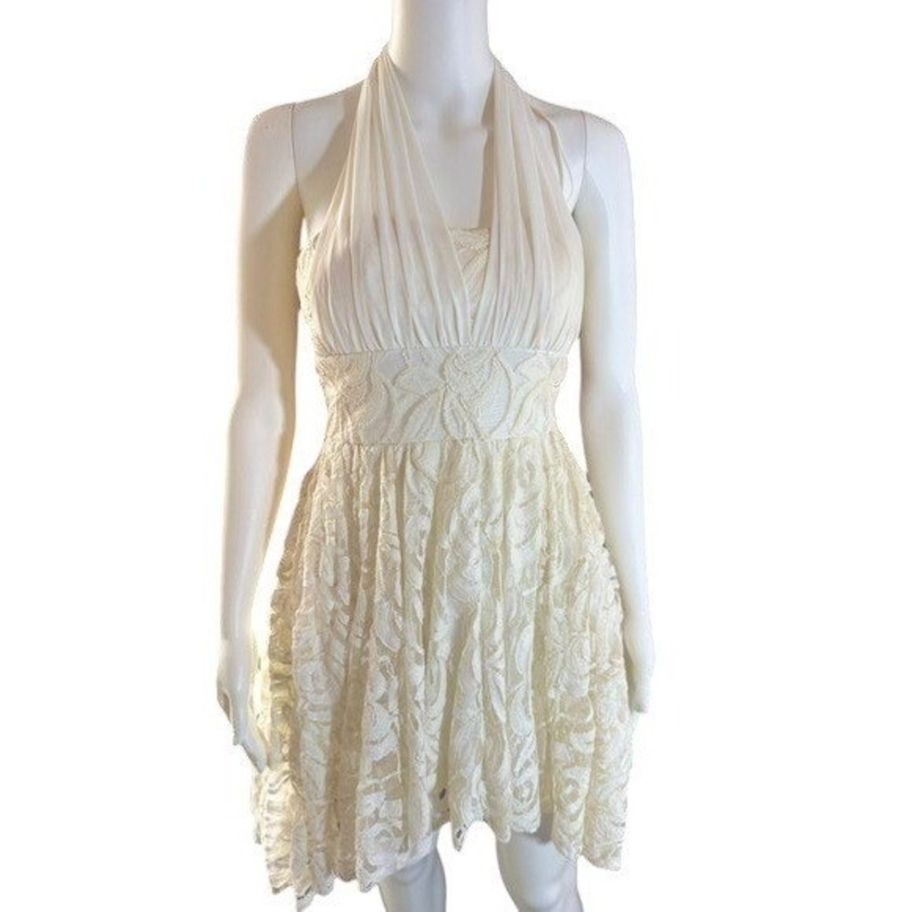 Jodi Kristopher Dress 1 Cream Ivory Lace Halter Fit Flare Cocktail Formal Mini